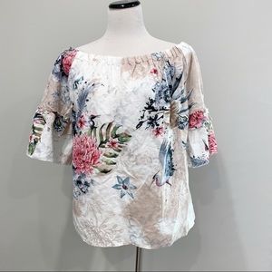 Anthropologie Hester & Orchard Linen Blend Off shoulder floral top blouse